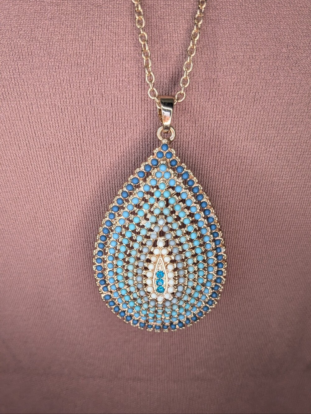 Charming Charlie Gold-Tone Blue Beaded Teardrop Long Pendant Necklace